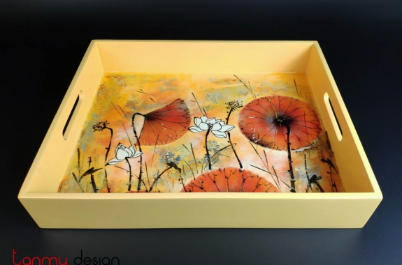Rectangle lacquer tray with hand painted lotus 30*36cm